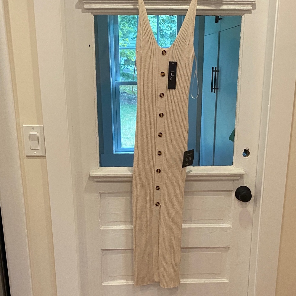 Sleeveless Cream Ribbed Button-Front Dress - Picture 5 of 6